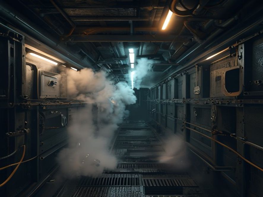 A cinematic and photorealistic 8k image of a dark, narrow, and cramped industrial submarine interior filled with thick smoke and dramatic sparks, capturing a sense of highstakes tension and structural decay, moody lighting, industrial safety crisis aesthetic.