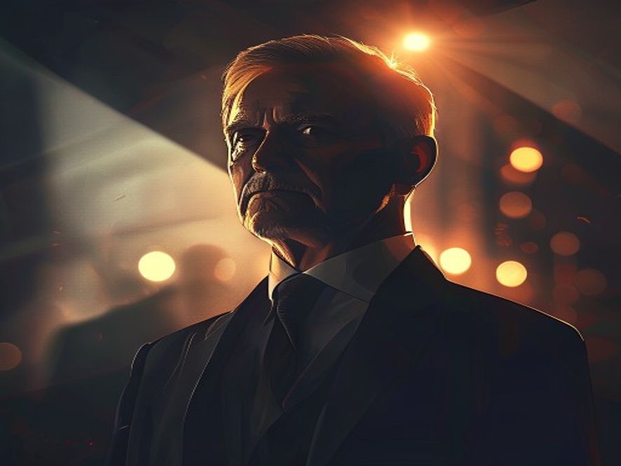 A cinematic, highcontrast photorealistic 8k portrait of a charismatic, thoughtful politician standing in the foreground as a symbolic rising light, contrasted with a blurred, shadowed, and chaotic background representing a fractured political establishment, dramatic chiaroscuro lighting, professional atmosphere.