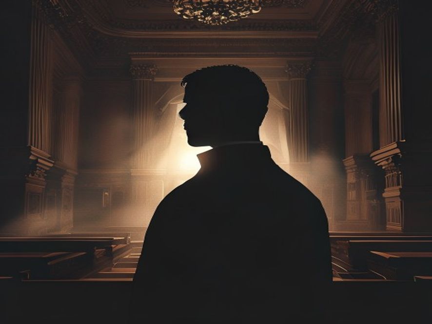 A cinematic, photorealistic 8k portrait of a somber, solitary silhouette standing in the shadows of a grand courtroom with dramatic lighting, symbolizing the heavy weight of legal scrutiny and the gravity of social responsibility, captured in a moody and serious tone.