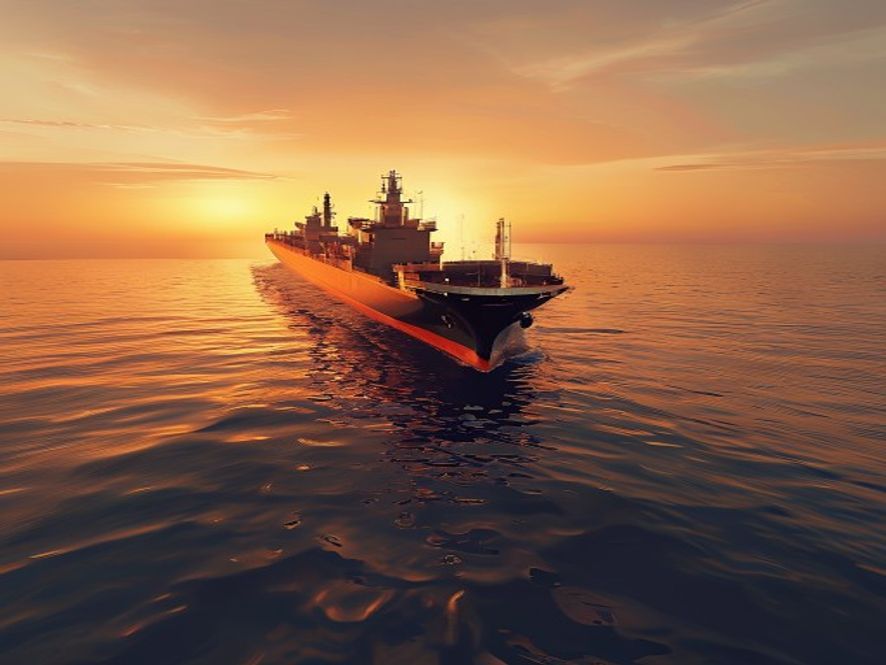 A cinematic, photorealistic 8k image featuring a massive oil tanker navigating the tense, goldenhued waters of the Strait of Hormuz at sunset, with a subtle silhouettes of diplomatic symbols reflecting on the water, capturing a highstakes geopolitical atmosphere.