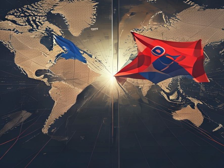 A cinematic and photorealistic 8k image featuring a conceptual representation of diplomatic tension between South Korea and Israel, depicted through a dramatic composition of two abstract flags intertwining amidst a backdrop of a global map and subtle, tense geopolitical atmosphere, conveying the complexity of international human rights discourse.
