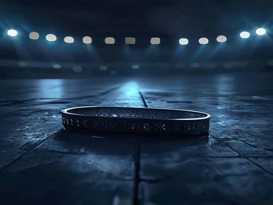 A cinematic, photorealistic 8k image featuring a lonely, shimmering BTS concert wristband lying on a cold, dark floor of a vast, empty stadium, emphasizing security vulnerability and digital transition, with dramatic moody lighting and shallow depth of field.
