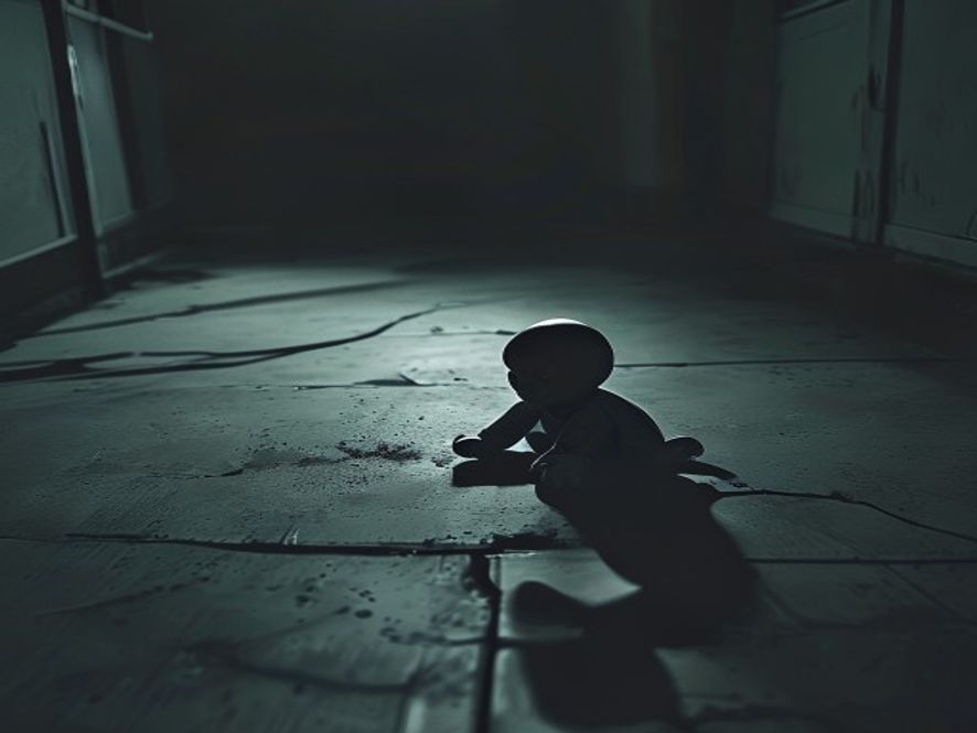 A poignant, cinematic, and photorealistic 8k image showing a solitary, abandoned childs toy placed on a cold, dim floor, symbolizing the tragedy of hidden domestic abuse and the urgent need for social protection, with a melancholic atmosphere and sharp focus.