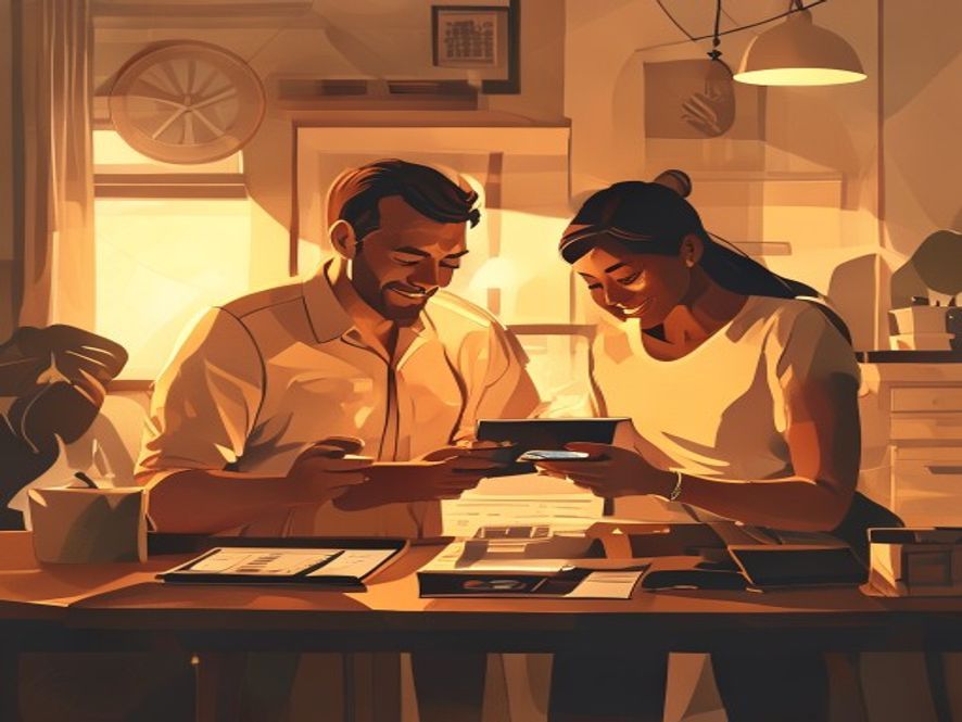 A highquality, cinematic photograph of a middleclass family comfortably organizing their household finances with a digital tablet and a warm, glowing light representing financial relief, symbolising economic stability and government energy support, 8k resolution, highly detailed, realistic.