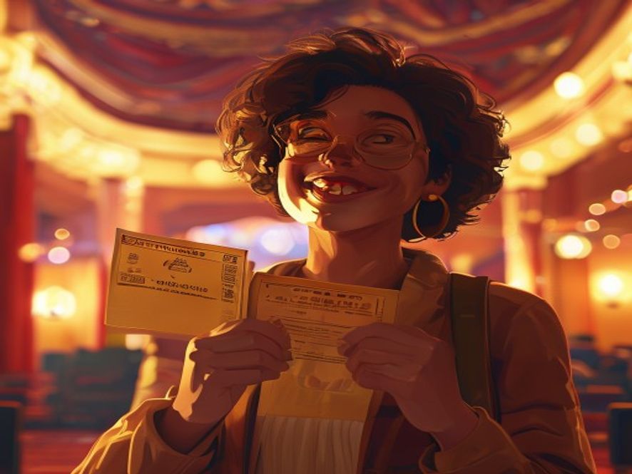 A cinematic, photorealistic 8k image of a happy person holding a golden movie ticket and a theater program with a blurred, elegant cultural venue background, capturing a sophisticated and joyful atmosphere of affordable cultural indulgence.