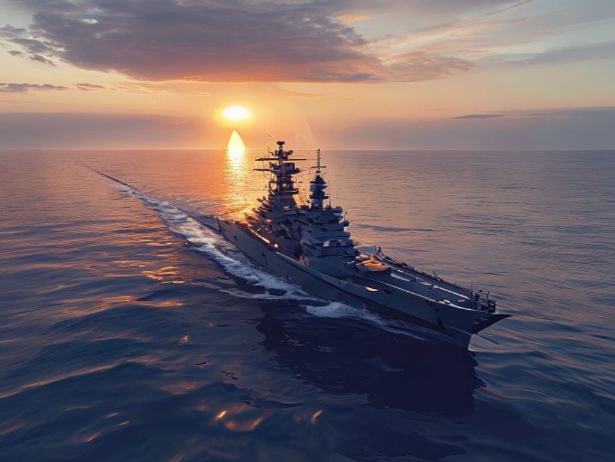 A cinematic, photorealistic 8k image of a modern US Navy destroyer patrolling the calm yet tense waters of the Strait of Hormuz at twilight, with a dramatic golden hour glow contrasting against the cold steel of the warship to symbolize the intersection of highstakes diplomacy and military tension.