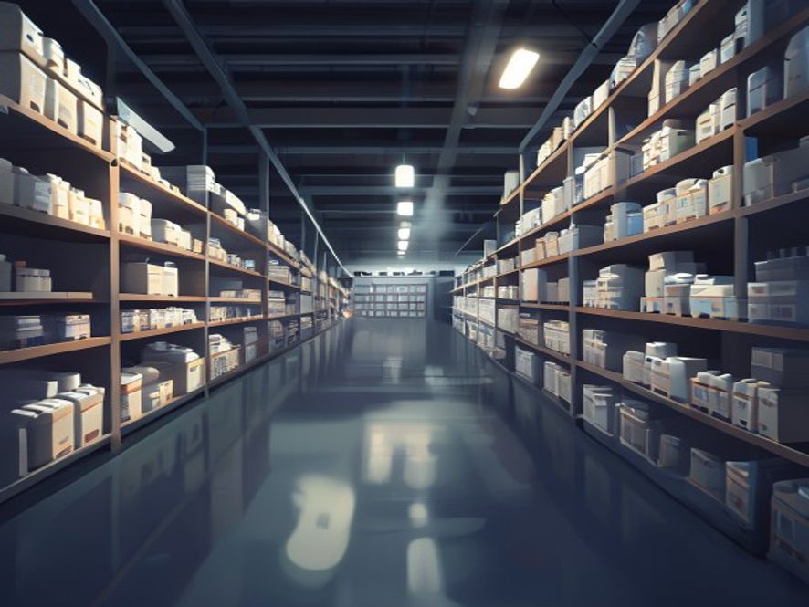 A cinematic, photorealistic 8k image showing a dimly lit pharmaceutical warehouse with rows of medicine boxes under a slight shadow, symbolizing global supply chain uncertainty and anxiety, featuring a focused, professional atmosphere with soft dramatic lighting.