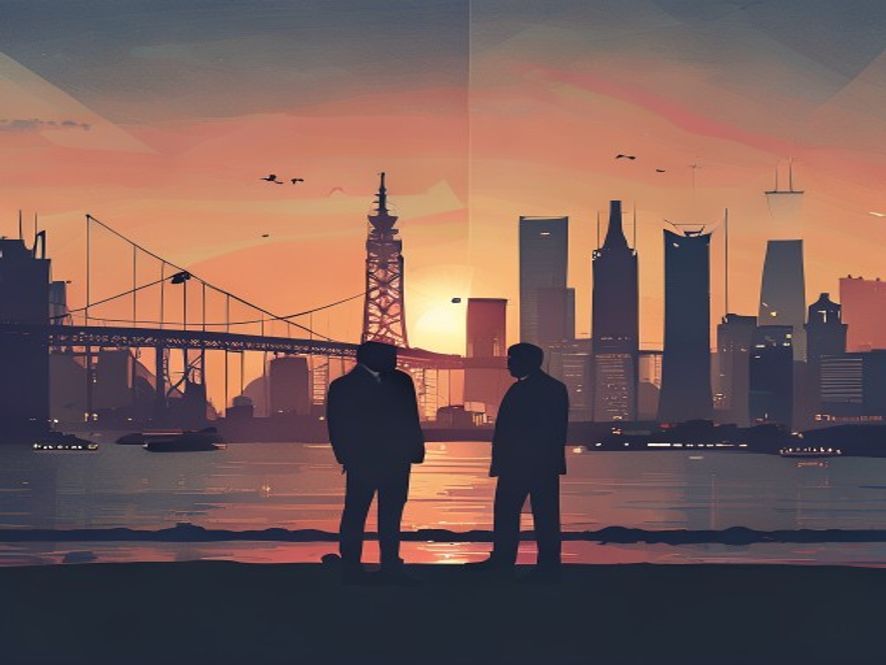 A cinematic, photorealistic 8k image featuring a splitcomposition silhouette representing a tense political rivalry between two opposing figures standing against the backdrop of the modern Busan skyline, including iconic landmarks like the Gwangan Bridge and the bustling port, capturing a dramatic atmosphere of decisive leadership and urban transformation.