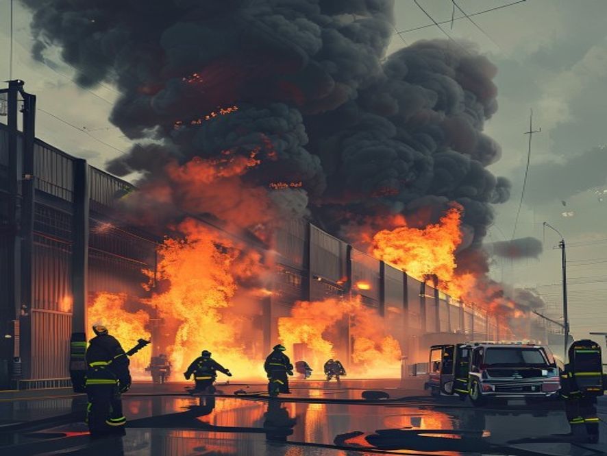 Cinematic, photorealistic 8k image of a massive fire engulfing a large cold storage logistics facility in Wando, featuring thick black smoke billowing into the sky as brave firefighters in protective gear work intensely with hoses to suppress the blaze, capturing a dramatic and urgent atmosphere of emergency response.