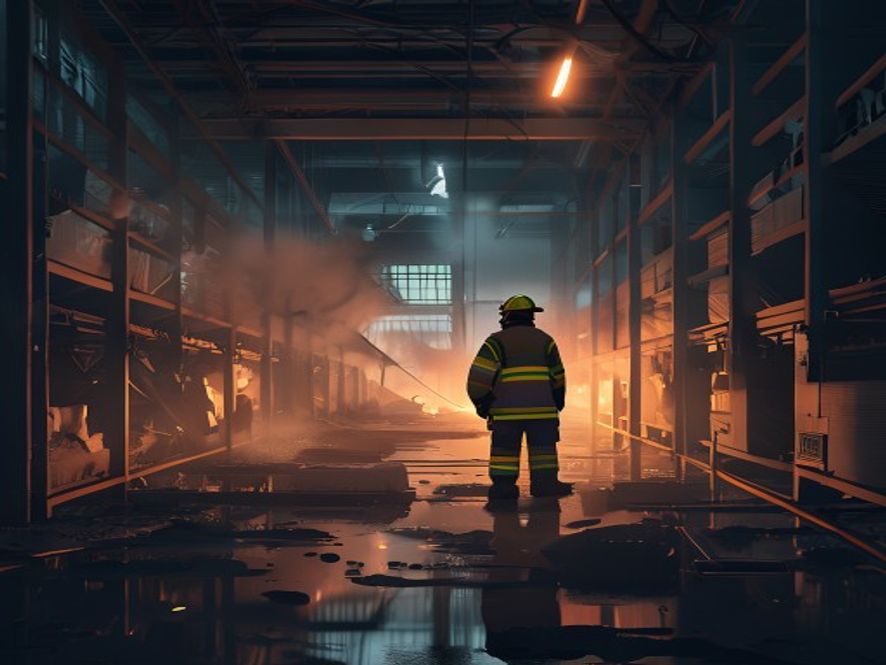A cinematic, photorealistic 8k image capturing the somber atmosphere of a firefighter standing amidst the smoldering, dark interior of a massive, structuraldamaged industrial freezer warehouse, with dramatic silhouettes and soft embers drifting in the cold air, evoking a poignant and reflective mood.