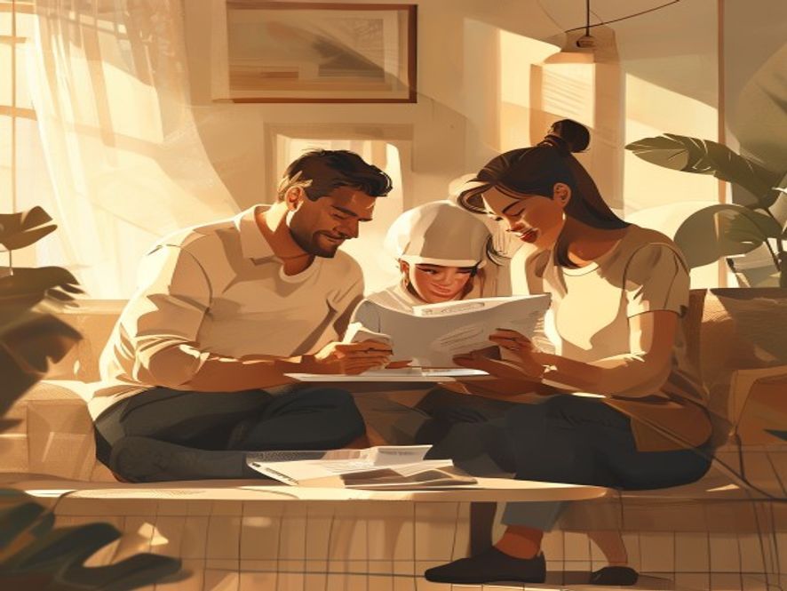 A cinematic, photorealistic 8k image showing a hopeful middleclass family reviewing financial documents and a digital tablet in a warm, cozy living room, symbolizing economic support and household budget planning, with soft natural sunlight creating a positive and professional atmosphere.