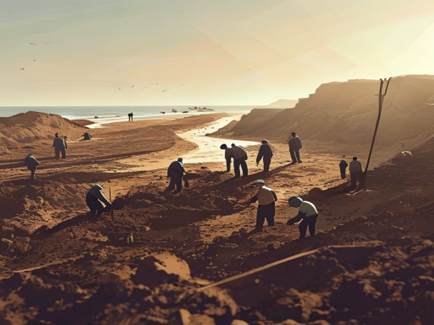A cinematic and photorealistic 8k wide shot of a solemn, sundrenched coastal excavation site at Silmido with forensic search teams working carefully in the soil, evoking a sense of historical reconciliation and somber truthseeking, high contrast, professional photography style.