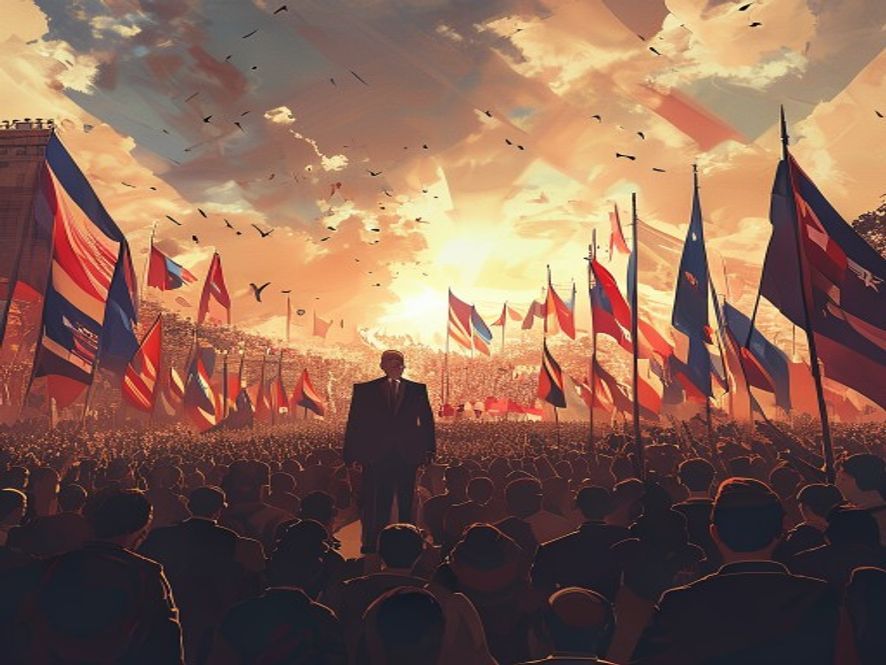 A cinematic and photorealistic 8k wideangle shot of a charismatic political leader standing on a grand, crowded public plaza, surrounded by a massive sea of fervent supporters holding flags, capturing a tense and polarized atmosphere of intense social conflict, dramatic lighting, high detail.