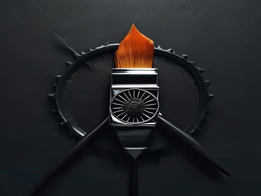 A cinematic, photorealistic 8k image featuring an abstract conceptual contrast between a classic artists paintbrush and a rigid, cold government office seal, symbolizing the tension between artistic philosophy and professional public administration, dramatic lighting, high contrast.