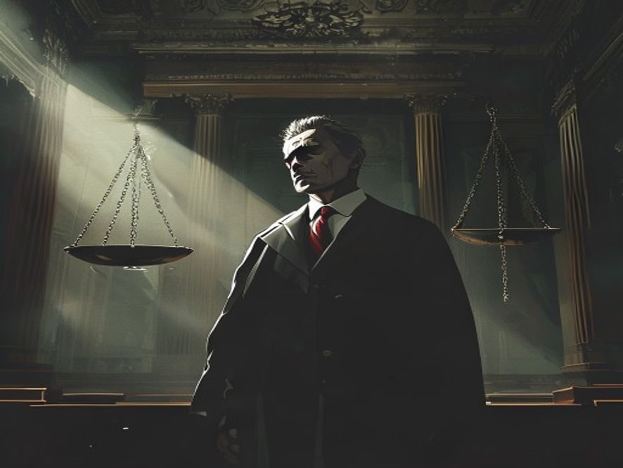 Cinematic, photorealistic 8k portrait of a somber legal figure standing before a massive, crumbling scale of justice in a shadowy, cold courtroom, symbolizing the fragility of the rule of law and the tension between political pressure and judicial independence.
