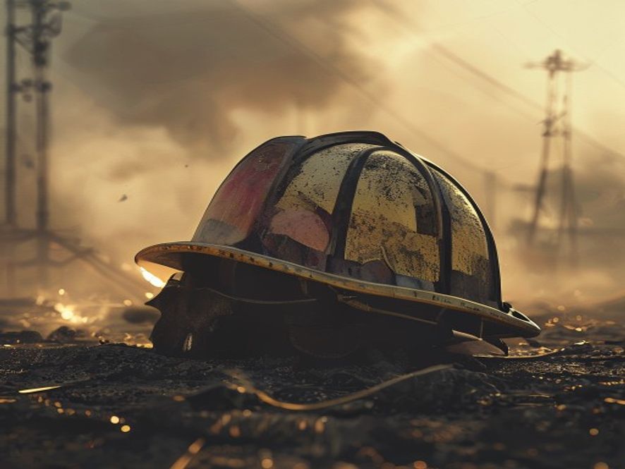 A cinematic and photorealistic 8k image of a firefighters empty, sootcovered helmet resting on a desolate, smokefilled disaster site, capturing a somber and reflective atmosphere with soft golden light filtering through the haze, emphasizing the weight of sacrifice and the urgent need for structural safety.