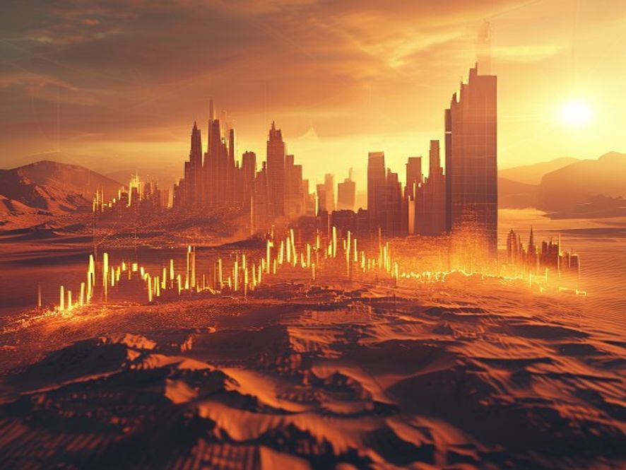 A cinematic, photorealistic 8k image featuring a dramatic conceptual scene of a crumbling global stock market graph overlaid on a turbulent Middle Eastern desert landscape, with a goldenhued atmosphere of economic uncertainty and looming financial instability.