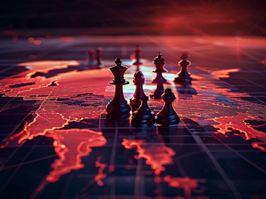A cinematic and photorealistic 8k image depicting a tense geopolitical chessboard over a map of the Middle East, with glowing shadows of Chinese and Iranian military emblems merging, symbolizing the shift in global security and supply chain instability, dramatic lighting, high contrast.