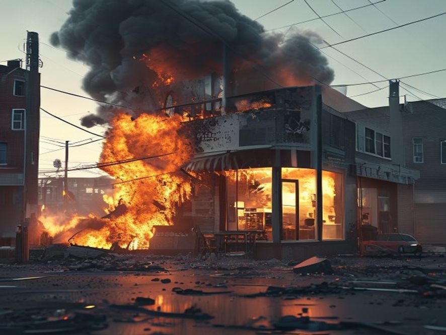 Cinematic, photorealistic 8k image of the aftermath of a devastating gas explosion in a quiet urban commercial district, featuring charred debris and a shattered restaurant storefront at dawn, conveying a serious and cautionary atmosphere about public safety, high detail, dramatic lighting.
