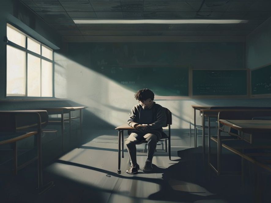 A cinematic and photorealistic 8k image of a solitary, troubled high school student sitting in a dimly lit, desolate classroom, casting a heavy shadow that evokes a sense of deep psychological isolation and the somber atmosphere of missed warning signs in the education system.