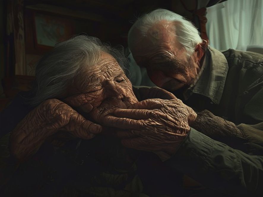 A cinematic and photorealistic 8k portrait of an elderly person with deeply wrinkled hands tenderly supporting another fragile senior in a dimly lit, modest room, capturing a poignant atmosphere of exhaustion and resilience, reflecting the stark reality of the aging society, with soft dramatic lighting emphasizing the emotional weight of caregiving.