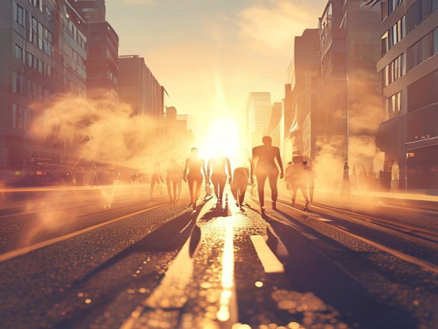 A cinematic, photorealistic 8k image of people in thin summer attire walking across a shimmering city street where heat waves rise from the asphalt under a blazing April sun, capturing the alarming and unseasonably hot transition from spring to early summer.