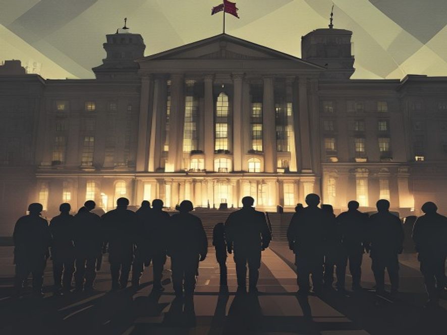 A cinematic and photorealistic 8k wide shot capturing a somber and heavy atmosphere as a line of faceless martial law soldiers stands in the shadows before the grand, illuminated National Assembly building, symbolizing the chilling tension between blind military obedience and the sanctity of democratic institutions.