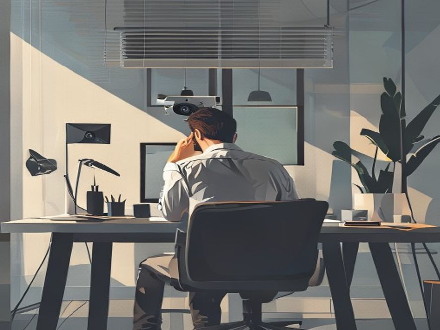 A cinematic and photorealistic 8k image showing a stressed office worker sitting at a modern desk with a subtle, watchful motionsensing camera mounted on the monitor, capturing the tense atmosphere of digital surveillance and privacy erosion in a corporate environment.