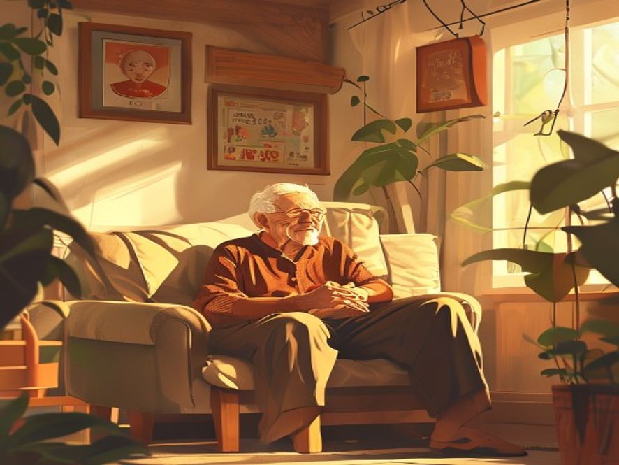A heartwarming and cinematic photorealistic portrait of an elderly person living comfortably in their sunlit, cozy home, surrounded by signs of independent life and subtle homecare support, conveying a sense of dignity, warmth, and modern communitybased care, 8k resolution.