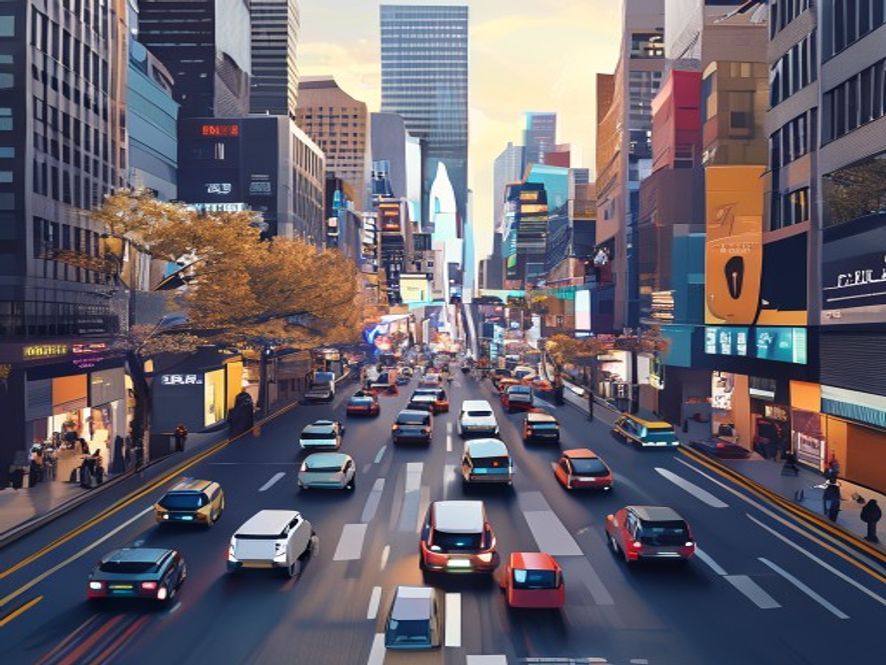 A cinematic and photorealistic 8k wide shot of a bustling modern city street where delivery robots and autonomous vehicles navigate seamlessly among daily life, capturing a futuristic and innovative atmosphere with a vibrant, hightech urban landscape.