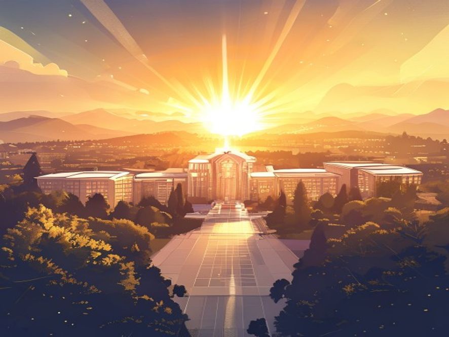A majestic, cinematic 8k wide shot of a futuristic regional university campus rising brilliantly within a scenic landscape, illuminated by a radiant golden light symbolizing a massive 1.5 trillion won investment in educational transformation and balanced national growth.