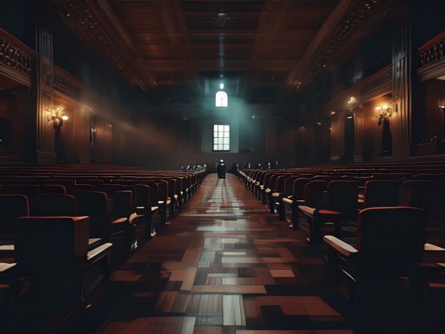 A cinematic, photorealistic 8k image of a grand, dimly lit political assembly hall where the highback chairs of the leadership sit empty and abandoned, with a few stern figures walking away into deep shadows, capturing an atmosphere of internal collapse and a chilling leadership vacuum during a critical election crisis.