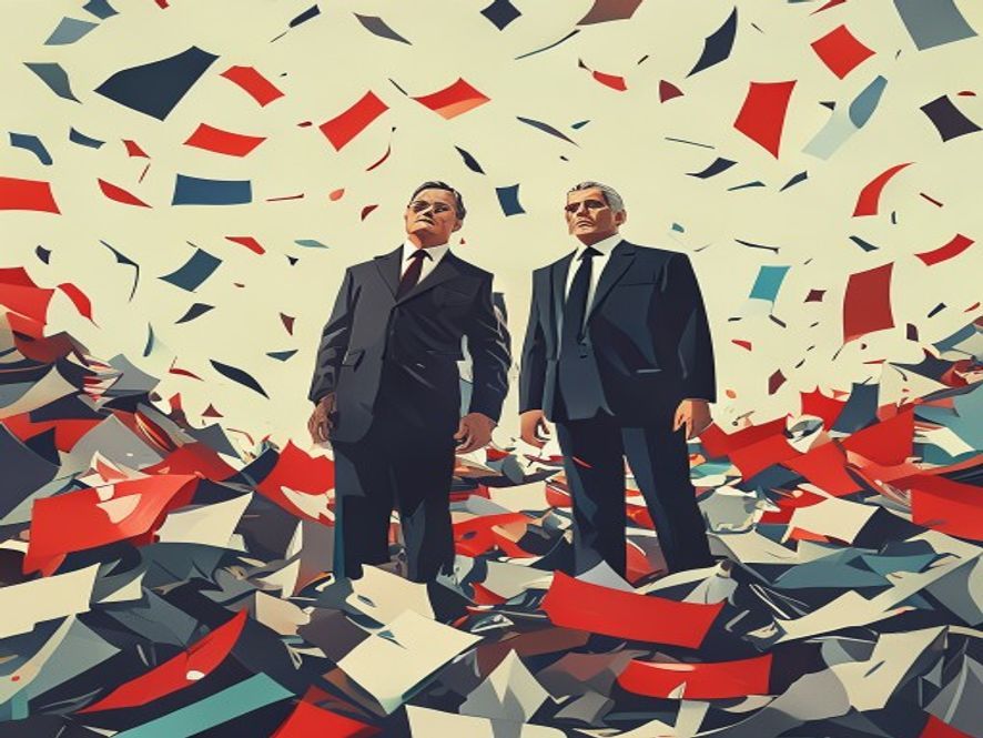 A determined politician stands resolutely amidst overflowing piles of discarded plastic election banners and paper leaflets, advocating for a cleaner, sustainable future and symbolizing a crucial shift away from environmental negligence in politics, Cinematic, Photorealistic, 8k.