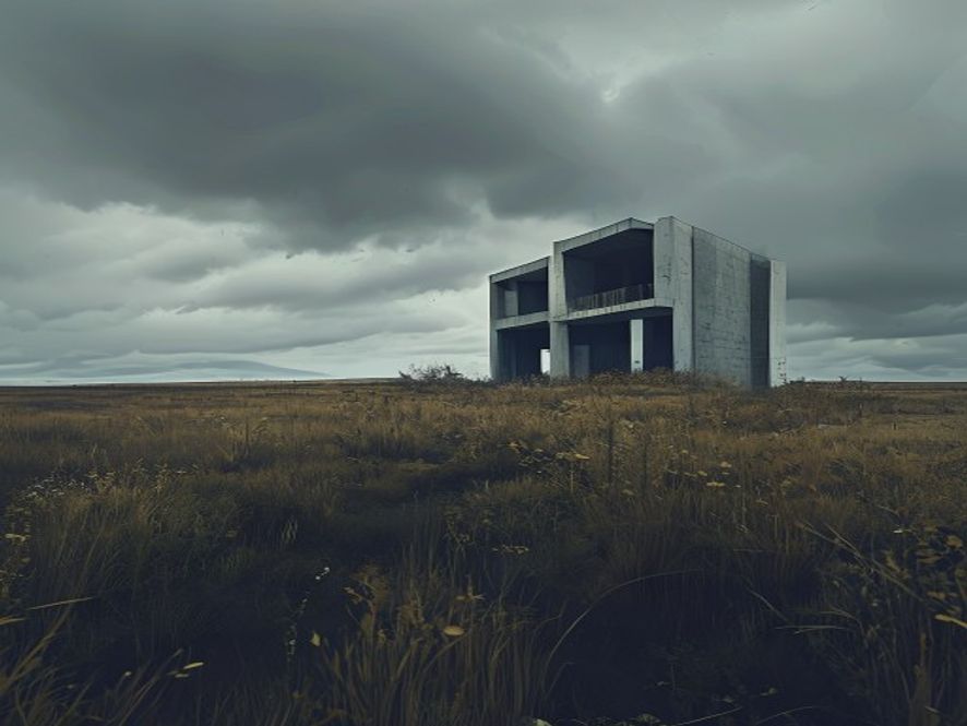 A cinematic, photorealistic 8k wide shot of a vast, desolate, and modern architectural structure left abandoned in an overgrown field, capturing a somber and melancholic atmosphere of wasted tax money and neglected urban planning under a dim, overcast sky.