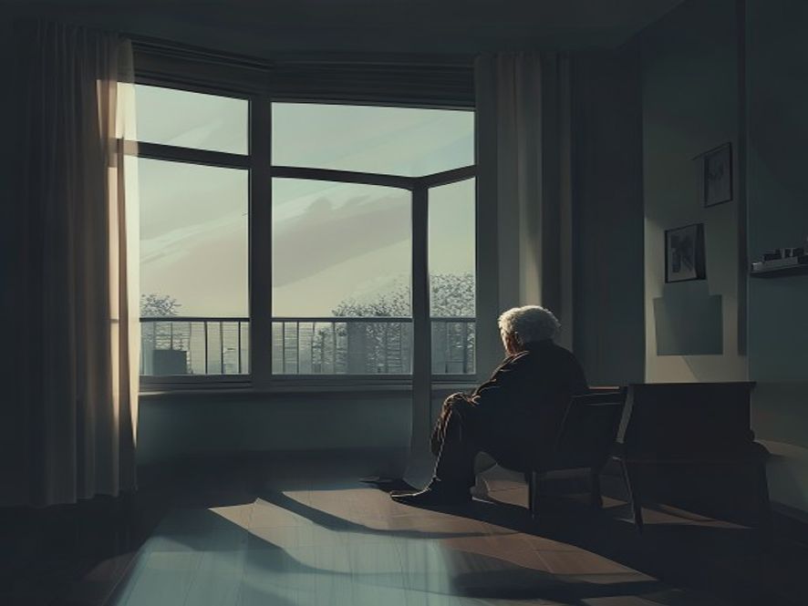 A cinematic, photorealistic 8k image showing a lonely elderly person sitting by a window in a dimly lit, modern room, symbolizing the urgent societal crisis of the impending caregiving vacuum in an aging society, with a cold and contemplative atmosphere.