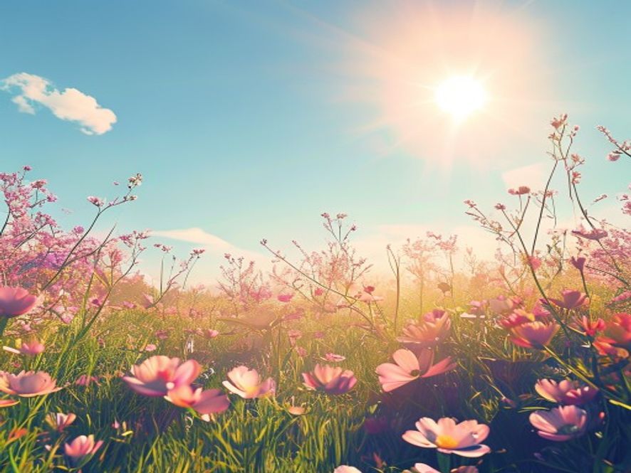 A photorealistic, cinematic 8k image showing a vibrant spring landscape with blooming flowers wilted under a shimmering, intense heat haze, capturing the unsettling atmosphere of an early summer heatwave with a scorching sun in a clear, bright blue sky.