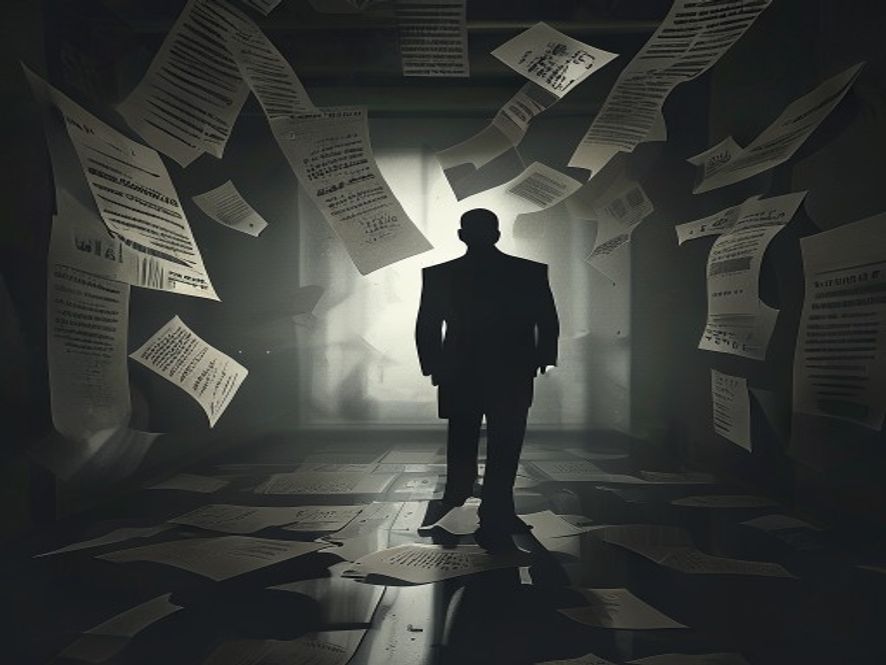 A cinematic, photorealistic 8k image featuring a silhouette of a faceless politician standing in a gloomy, shadowfilled room, with fragmented documents and flickering headlines mentioning celebrity names floating in the air, symbolizing chaotic political mudslinging and the erosion of public trust.