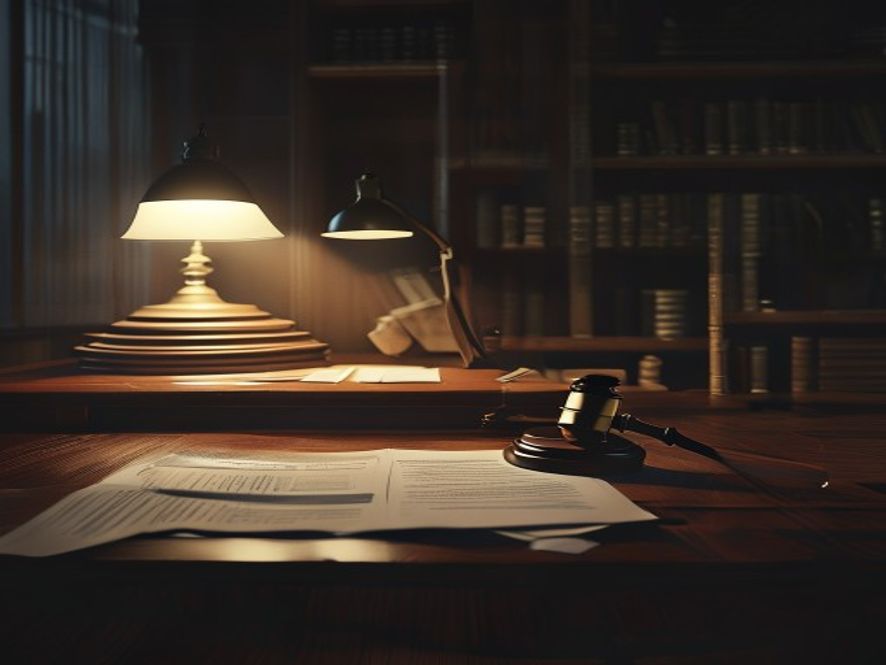 A cinematic and photorealistic 8k image of an empty, dimly lit legal office with a heavy atmosphere, featuring a lonely desk lamp illuminating a stack of scattered legal documents and a Gavel resting on a dark wooden table, symbolizing the fragility of justice and the internal burden of the legal system.