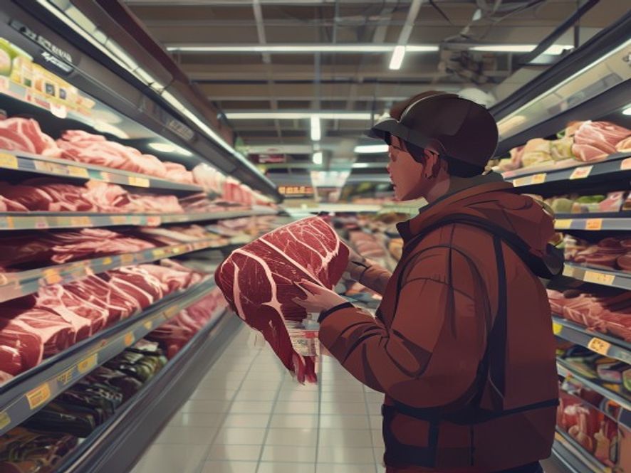 A cinematic and photorealistic 8k shot of a concerned shopper comparing price tags on premium beef in a supermarket meat aisle, capturing the tense atmosphere of rising food prices and economic pressure on daily life.
