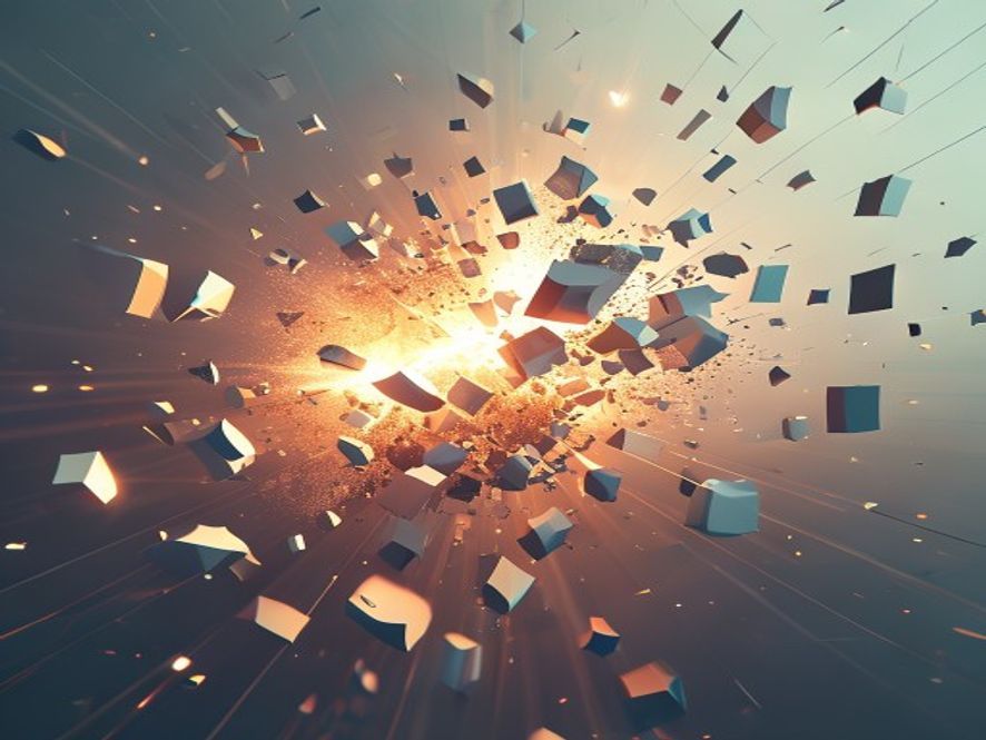 A cinematic, photorealistic 8k image featuring a sleek, minimalist geometric composition where multiple scattered, fragmented pieces representing government research institutions are being pulled together by a glowing light into a single, unified, powerful structure, symbolizing organizational efficiency and innovation, with a professional and serious atmosphere.