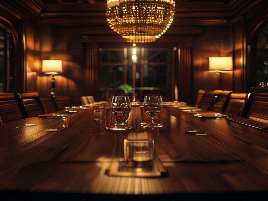 A cinematic, photorealistic 8k image of a highstakes political meeting at a traditional wooden table featuring two glasses of Korean makgeolli, set against a dimly lit, sophisticated private dining room atmosphere, capturing a sense of strategic tension and serious conversation, with warm ambient lighting emphasizing the gravity of the political alliance.