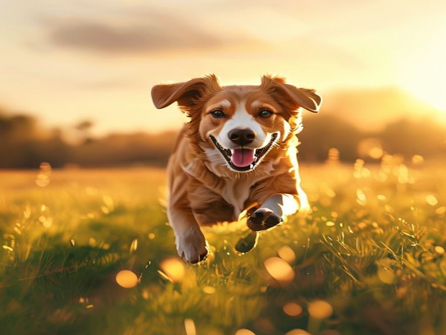 A cinematic and photorealistic 8k portrait of a happy, healthy dog running freely across a vast, lush green meadow under warm golden hour sunlight, symbolizing premium pet care and wellness, captured with a shallow depth of field.
