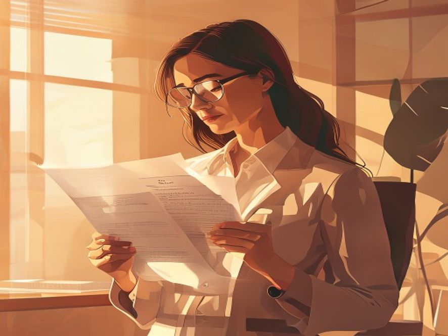 A cinematic and photorealistic 8k image of a woman experiencing a moment of profound relief and hope in a warm, dignified office, holding an official medical recognition document that symbolizes the states commitment to compensating and taking responsibility for hidden vaccine side effects.