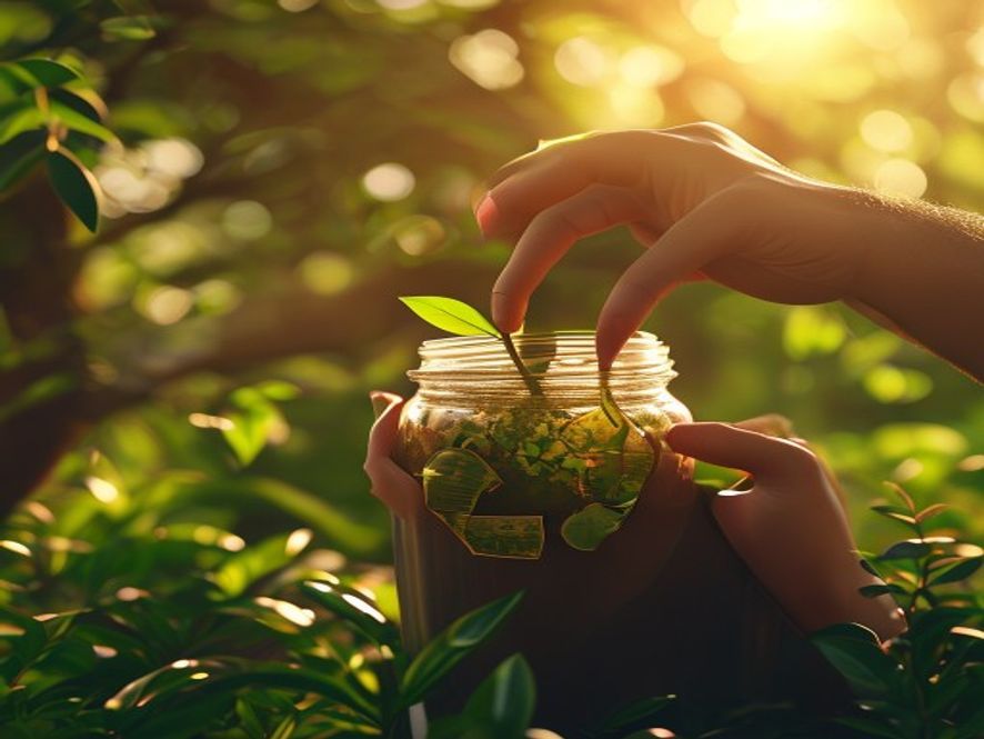 A cinematic, photorealistic 8k image featuring a closeup of human hands carefully placing a glass jar into a recycling bin, symbolizing zerowaste lifestyle and sustainable daily practices, with warm natural sunlight illuminating a lush green environment in the background, high detail, professional photography.