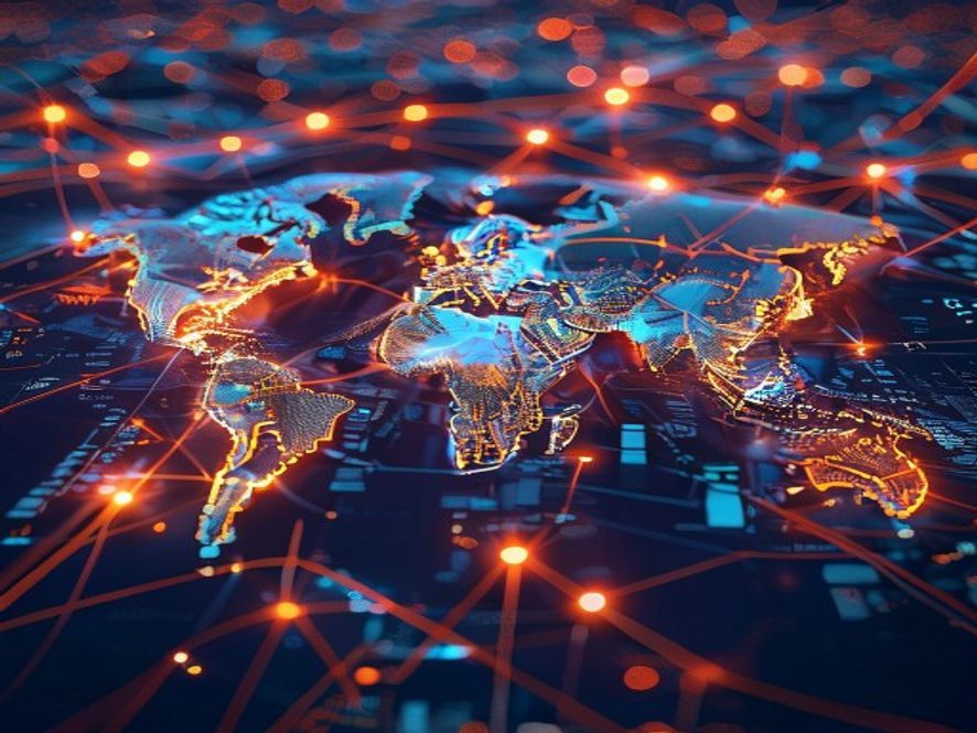 A cinematic, photorealistic 8k image featuring a global digital map highlighting the strategic economic corridors between India, Vietnam, and South Korea, surrounded by modern industrial supply chain icons and glowing data connections representing global trade expansion, sharp focus, professional lighting.
