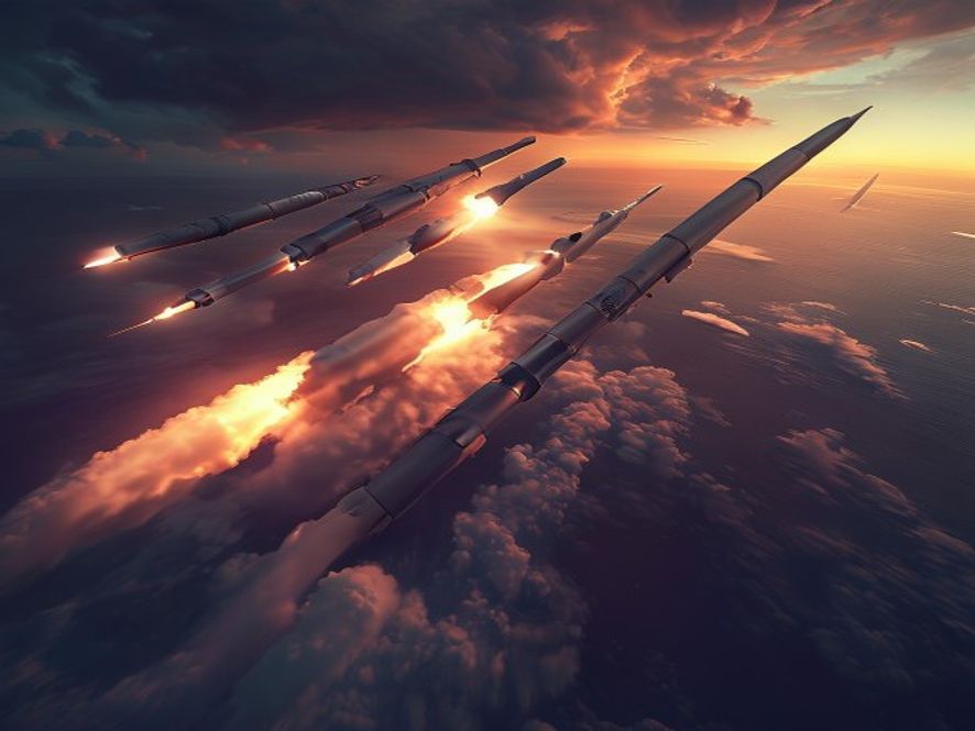 A cinematic 8k photorealistic wide shot of multiple ballistic missiles soaring into a dramatic, moody dawn sky over the turbulent East Sea, evoking a tense and ominous atmosphere of highstakes military tension and national security risk.