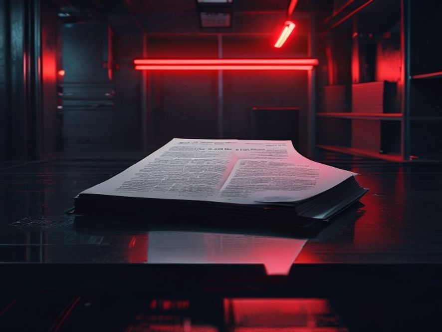 A thick, hundredpage classified intelligence dossier sits on a cold, dark metallic desk in a dimly lit highsecurity room, illuminated by a single red warning light that reflects the tension of a fractured alliance and the sudden halt of vital information flow, cinematic and photorealistic 8k.
