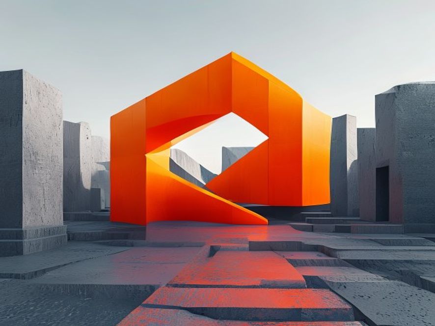A cinematic and photorealistic 8k image of a vibrant, bright orange geometric shape standing out amidst a contrasting, monochromatic landscape of traditional grey structures, symbolizing a bold thirdparty political shift in the upcoming local elections, dramatic lighting, sharp focus, highly detailed.