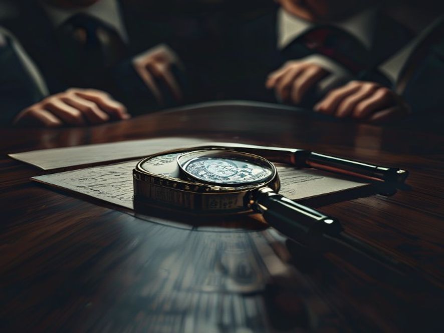 A cinematic and photorealistic 8k image of a sharp magnifying glass focusing on a prestigious government seal and a ballot box on a dark, polished table, with the dramatic shadows of two opposing political figures looming in the background, capturing the tense atmosphere of power surveillance and electionyear strategy.