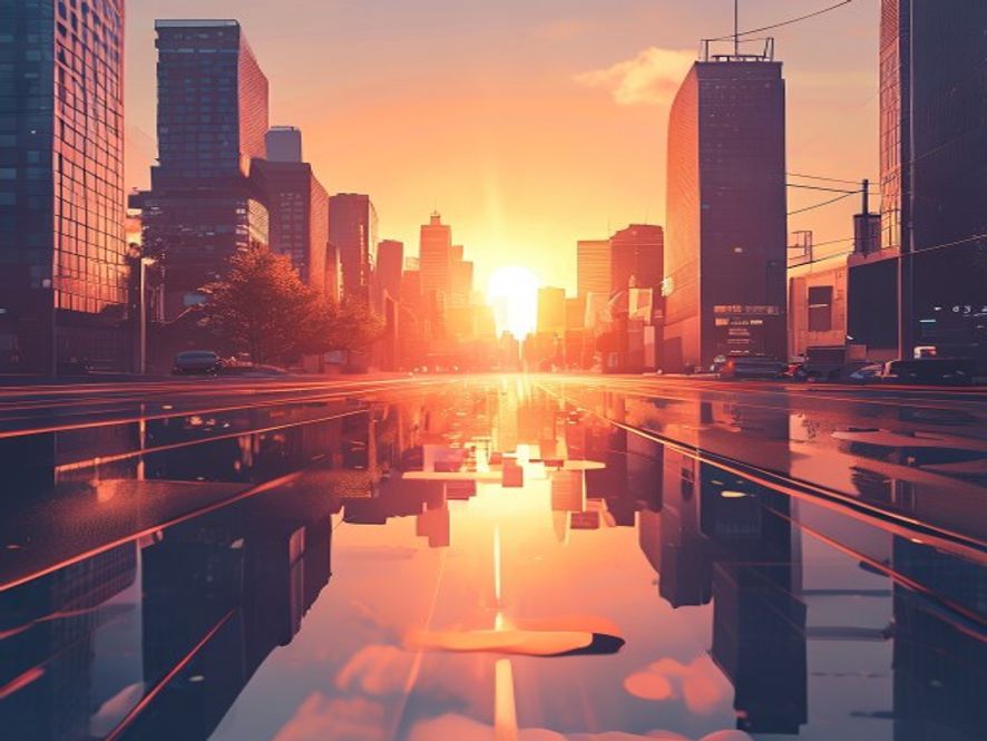 A cinematic, photorealistic 8k image capturing a heathazy Seoul cityscape with shimmering asphalt under an intense, sweltering spring sun, reflecting the urgency of climate change and the early onset of summer.